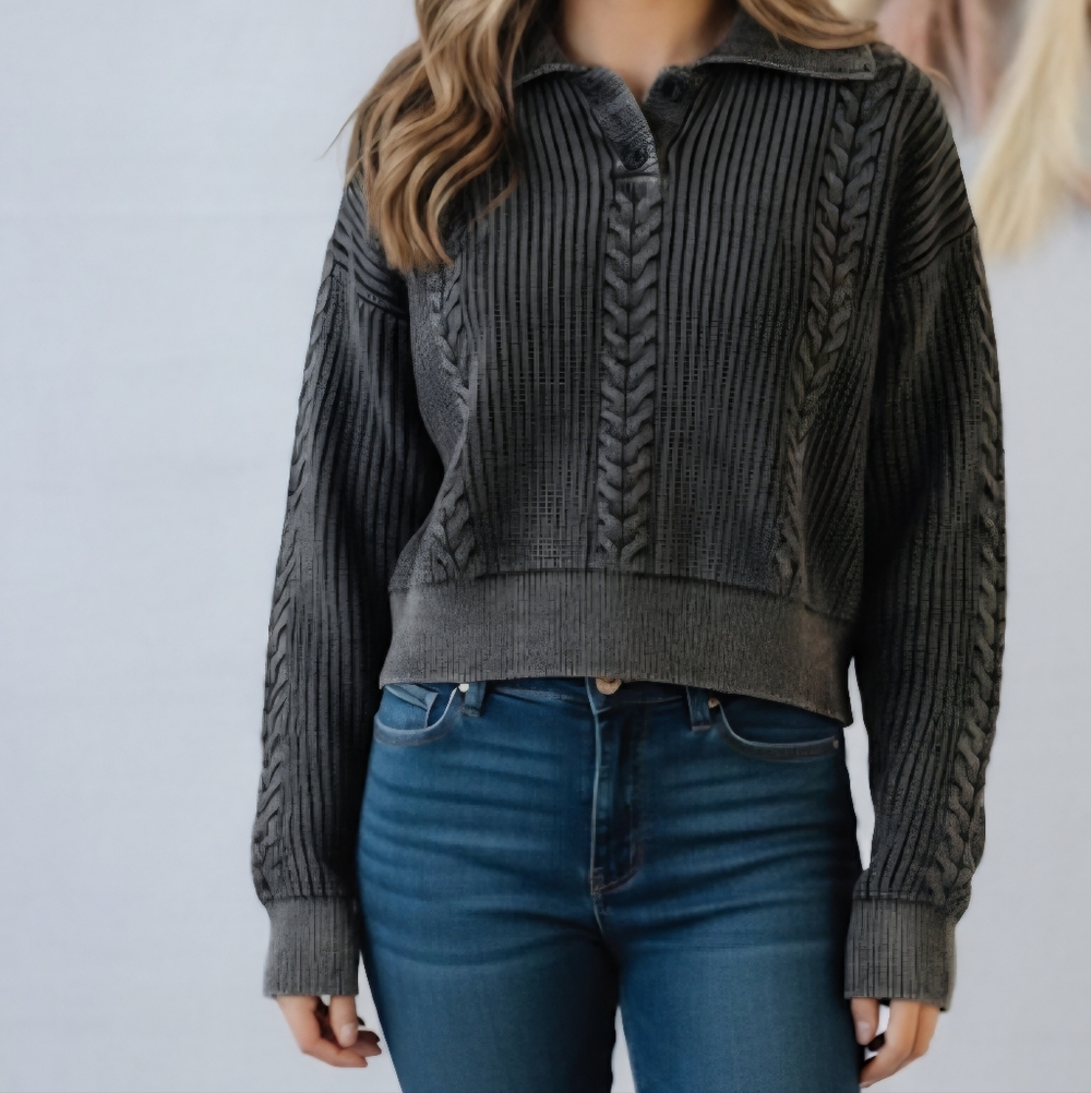 FCT WITH LOVE Long Sleeve Loose Knit Cropped Sweater Top M-L Color Wash Black
